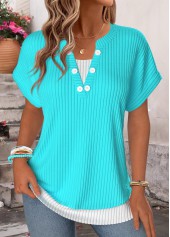 Fake 2in1 Blue Short Sleeve Split Neck T Shirt