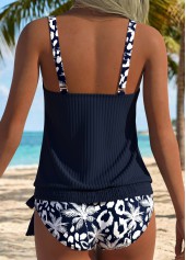 Mid Waisted Tropical Plants Print Blouson Navy Tankini Set