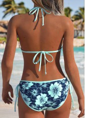 Mid Waisted Floral Print Lace Up Navy Bikini Set