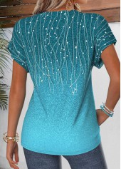Leaf Print Patchwork Cyan Short Sleeve Split Neck Blouse