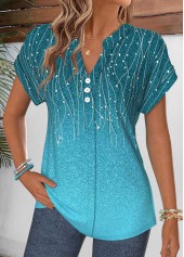 Leaf Print Patchwork Cyan Short Sleeve Split Neck Blouse