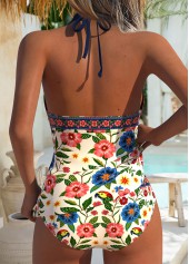 Mid Waisted Random Floral Print Lace Up Tankini Set