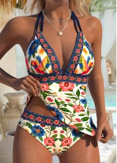 Mid Waisted Random Floral Print Lace Up Tankini Set