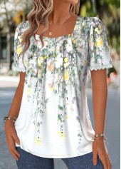 Floral Print Pleated Multi Color Short Sleeve Blouse