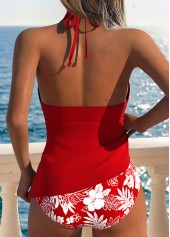 Mid Waisted Floral Print Lace Up Red Tankini Set