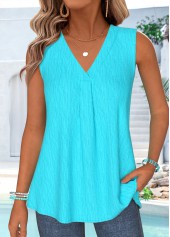 Curved Hem Cyan Sleeveless V Neck Tank Top
