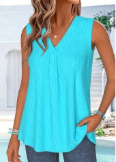 Curved Hem Cyan Sleeveless V Neck Tank Top