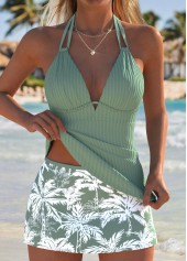 Mid Waisted Tropical Plants Print Drawstring Tankini Set