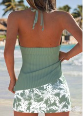 Mid Waisted Tropical Plants Print Drawstring Tankini Set
