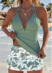 Mid Waisted Tropical Plants Print Drawstring Tankini Set