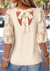 Bowknot Beige Half Sleeve Round Neck T Shirt