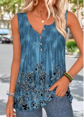 Tribal Print Patchwork Peacock Blue Sleeveless Tank Top