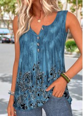 Tribal Print Patchwork Peacock Blue Sleeveless Tank Top