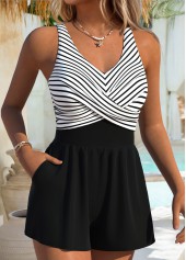 Striped Criss Cross Black One Piece Swimwear