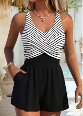 Striped Criss Cross Black One Piece Swimwear