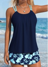 Mid Waisted Floral Print Lace Up Navy Tankini Set