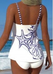Mid Waisted Marine Life Print Layered White Tankini Set