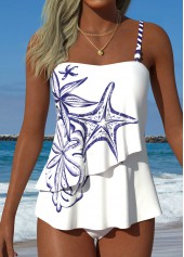Mid Waisted Marine Life Print Layered White Tankini Set