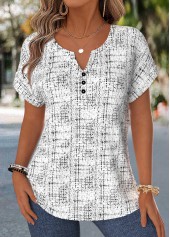 Geometric Print Tummy Coverage Raw White Short Sleeve Blouse