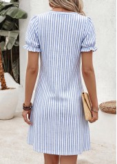 Striped Double Side Pockets Blue Short Split Neck Dress