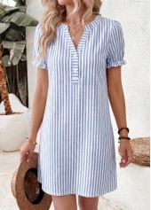Striped Double Side Pockets Blue Short Split Neck Dress