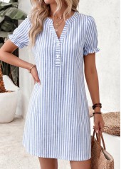 Striped Double Side Pockets Blue Short Split Neck Dress
