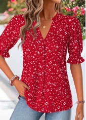 Geometric Print Shirred Red Half Sleeve Split Neck Blouse
