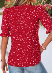 Geometric Print Shirred Red Half Sleeve Split Neck Blouse