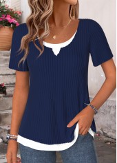 Fake 2in1 Navy Short Sleeve Round Neck T Shirt