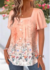 Floral Print Tummy Coverage Orange Short Sleeve Blouse