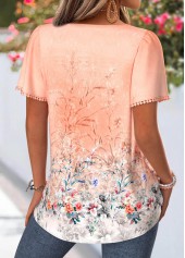 Floral Print Tummy Coverage Orange Short Sleeve Blouse