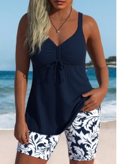 Mid Waisted Leaf Print Ruched Navy Tankini Set
