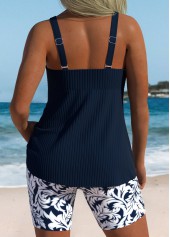Mid Waisted Leaf Print Ruched Navy Tankini Set
