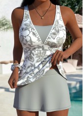 Mid Waisted Tribal Print Thigh Slimmer Grey Tankini Set
