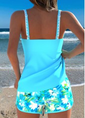 Mid Waisted Floral Print Two-piece Blue Tankini Set