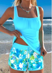 Mid Waisted Floral Print Two-piece Blue Tankini Set