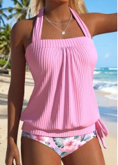 Mid Waisted Floral Print Bowknot Pink Tankini Set