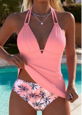 Mid Waisted Leaf Print Pink Tankini Set