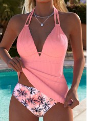 Mid Waisted Leaf Print Pink Tankini Set