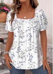 Leaf Print Tummy Coverage White Short Sleeve Blouse