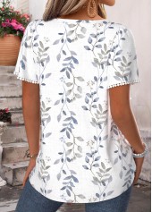 Leaf Print Tummy Coverage White Short Sleeve Blouse