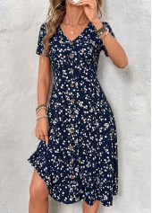 Floral Print Tummy Coverage Navy Short Sleeve Dress