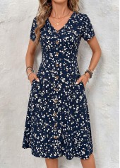 Floral Print Tummy Coverage Navy Short Sleeve Dress