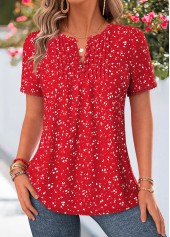 Polka Dot Tuck Stitch Red Short Sleeve Blouse