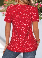 Polka Dot Tuck Stitch Red Short Sleeve Blouse