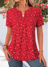 Polka Dot Tuck Stitch Red Short Sleeve Blouse