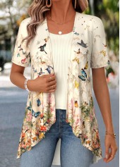 Floral Print Light Yellow Fake Two Piece Twinset