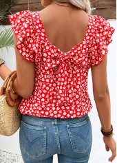 Ditsy Floral Print Bowknot Red Short Sleeve T Shirt