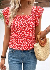 Ditsy Floral Print Bowknot Red Short Sleeve T Shirt