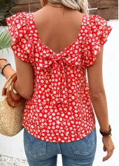 Ditsy Floral Print Bowknot Red Short Sleeve T Shirt